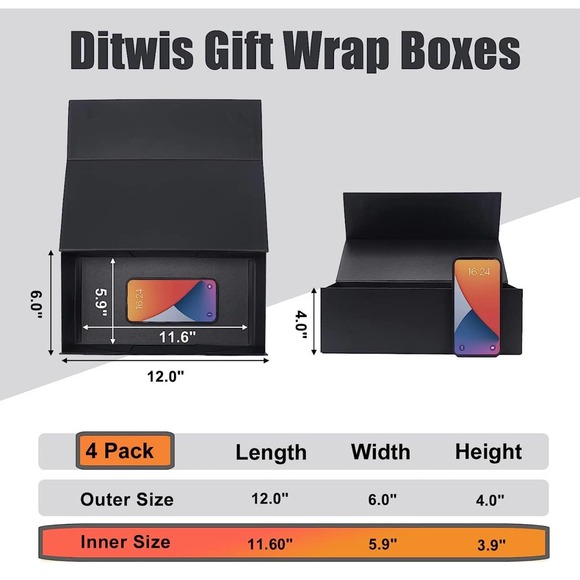 NEW Ditwis Luxury 4 Pack 12x6x4 Inches Gift Boxes with Magnetic Closure Lids - Picture 7 of 7